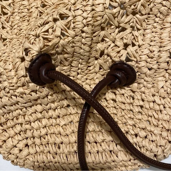 Zara Woven Raffia Straw Drawstring Backpack Tote Bag Neutral - Picture 7 of 15